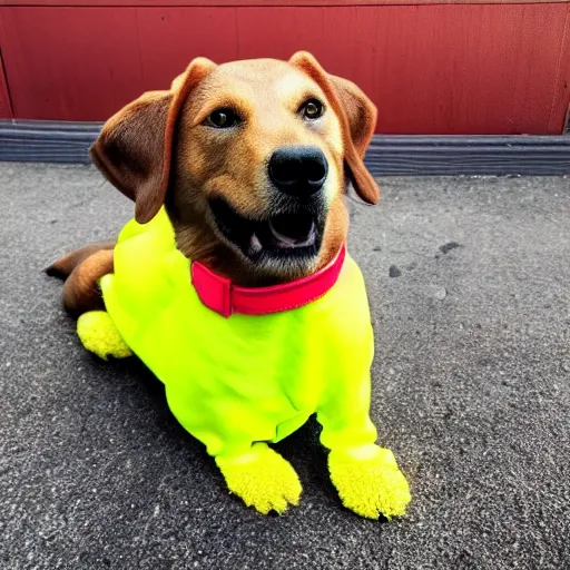 Prompt: best dog g fluo yellow and brown, labrador with red mouth