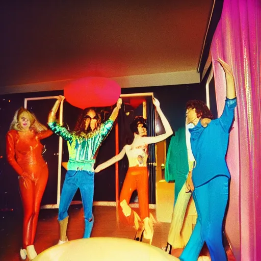 Prompt: interior view of people wearing disco clothing having a disco party inside of a 1970s luxury highrise condo at night with balcony, ektachrome photograph, f8 aperture