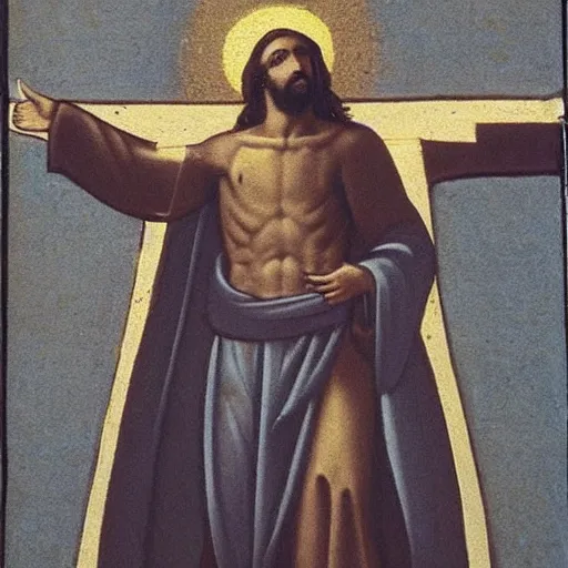 Image similar to jesus on the cross giving a thumbs up to the camera.