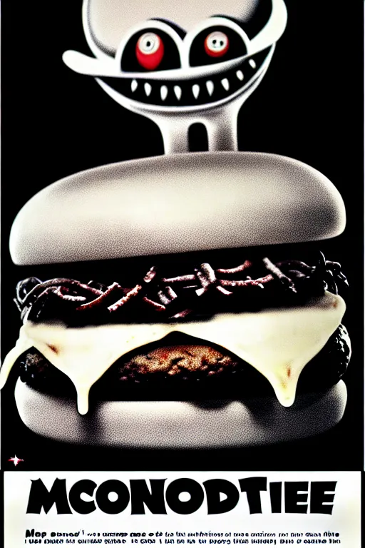 Image similar to mcdonald's horror retro tv advertisement poster, nightmare, big burger surrounded by worms, black and white, ultra realistic, 4 k, digital art, cinematic style of david kronenberg