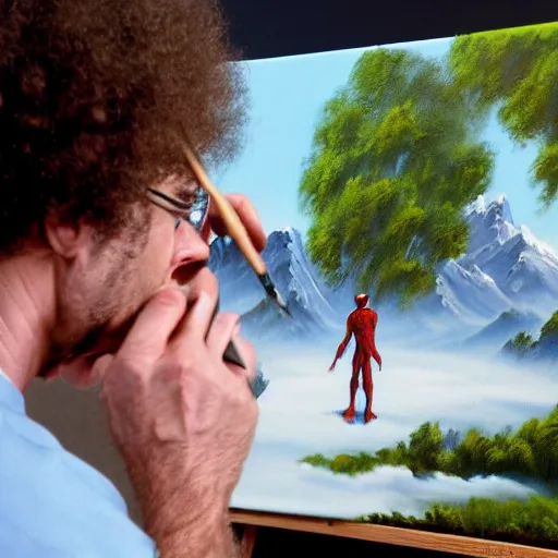 Image similar to a closeup photorealistic photograph of bob ross working on a canvas painting of spiderman. film still. brightly lit scene. mountains and trees. this 4 k hd image is trending on artstation, featured on behance, well - rendered, extra crisp, features intricate detail, epic composition and the style of unreal engine.