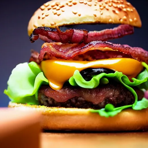 Prompt: a delicious hamburguer, food photography, award winning, lots of bacon, tasty