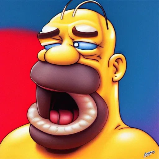 Image similar to realistic portrait of homer simpson drooling with his mouth wide open, by artgerm