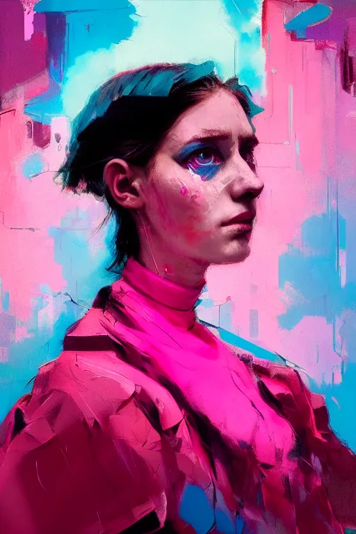 Image similar to portrait of a beautiful girl living in a postapoliptic forgotten world, she has seen war and has seen death, in the colors hot pink and cyan, beautiful face, rule of thirds, complex outfit, spotlight, by greg rutkowski, by jeremy mann, by francoise nielly, by van gogh, digital painting