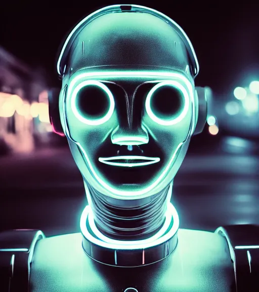 Image similar to portrait of robot lowlight neon lights, cinematic,4k,35mm,street photo, epic