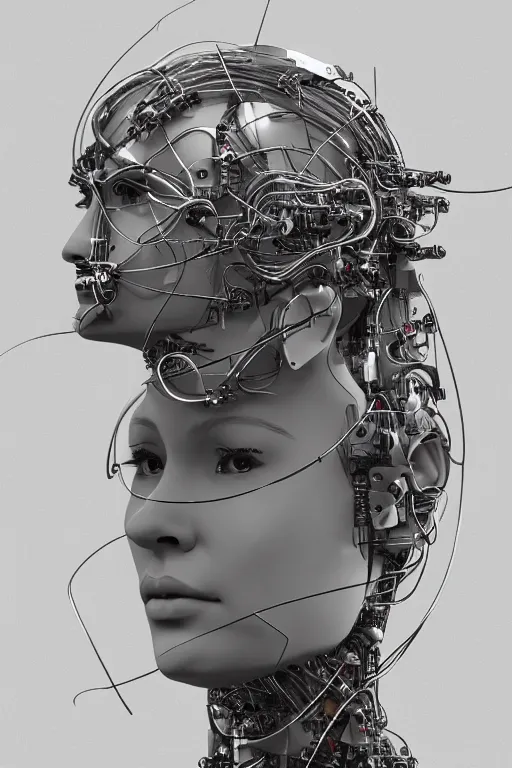 Prompt: robot with human face, female head, woman human face, human face realistic, human head, cyborg frame concept, cyborg by ales-kotnik, sci-fi android female, full body photo, wire body, body made of wires, full body