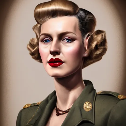 Prompt: A Hearts of Iron IV portrait of a blonde German actress with high cheekbones. Dressed in 1940s style. Highly detailed, fine Art, high detail, great lighting, 8k resolution, masterpiece, concept art, illustration, clear eyes, painting oil on canvas, octane render, HDR, trending on artstation, 4k, 8k, HD