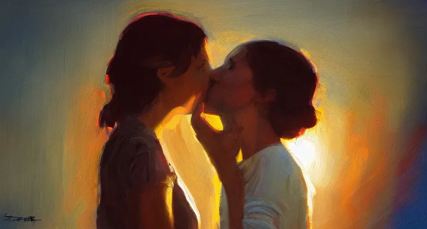 Image similar to people kissing, artwork by salman toor, cinematic light, atmospheric effects