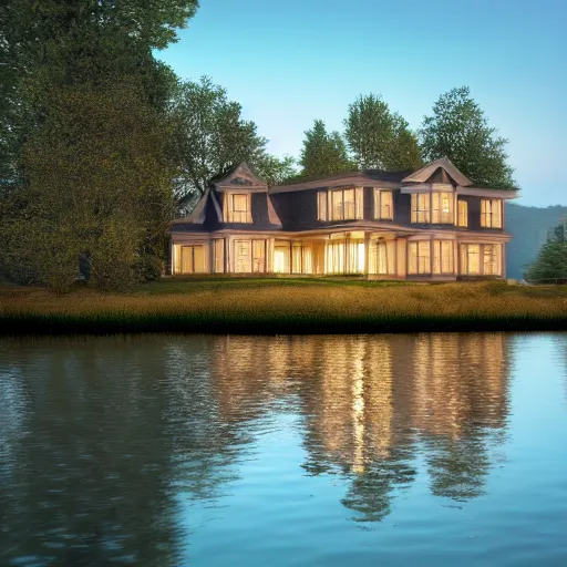 Image similar to a beautiful photography of an house on a lake, 4k textures, unreal engine, CANON EOS C300, ƒ4, 200mm, natural lights, trending on ArtStation, Maine, colonial style, photorealism