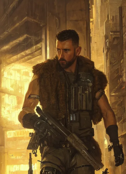 Prompt: 🏋♂ cyberpunk mercenary in a military vest ( blade runner 2 0 4 9, cyberpunk 2 0 7 7 ). orientalist portrait by john william waterhouse and james gurney and theodore ralli and nasreddine dinet, oil on canvas. cinematic, hyper realism, realistic proportions, dramatic lighting, high detail 4 k