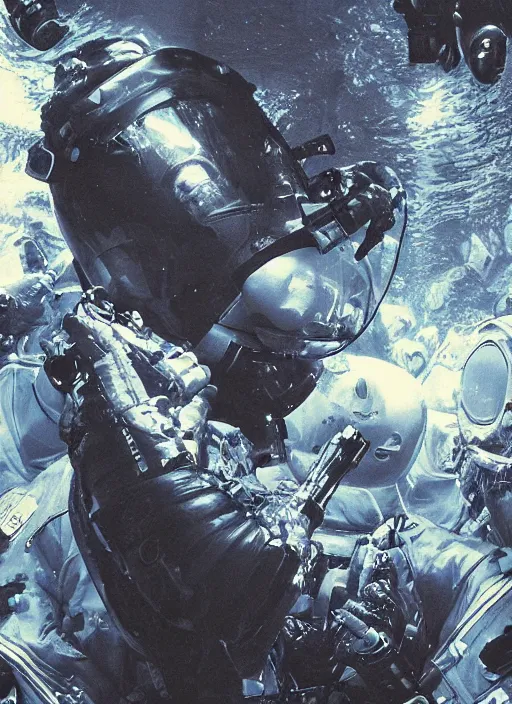 Image similar to astronauts selfie in dark void underwater - complex and hyperdetailed technical suit design. reflection and dispersion materials. rays and dispersion of light. volumetric light. f / 3 2. noise film photo. flash photography. ultra realistic, 5 0 mm. poster by wayne barlowe, hajime sorayama aaron horkey, craig mullins