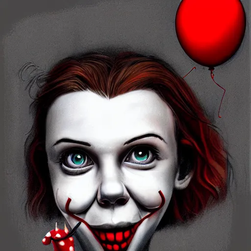 Image similar to surrealism grunge cartoon portrait sketch of millie bobbie brown with a wide smile and a red balloon by - michael karcz, loony toons style, pennywise style, horror theme, detailed, elegant, intricate