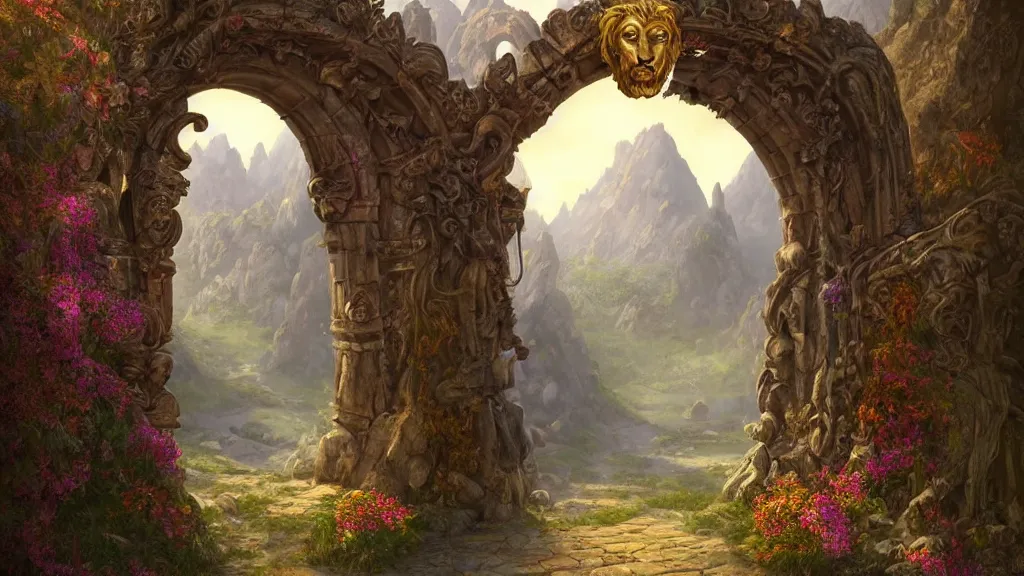 Prompt: A giant medieval fantasy portal gate with a rusty gold carved lion face at the center of it, the portal takes you to another world, full of colorful flowers on the lost Vibes and mountains in the background, spring, delicate fog, sea breeze rises in the air, by andreas rocha and john howe, and Martin Johnson Heade, featured on artstation, featured on behance, golden ratio, ultrawide angle, f32, well composed