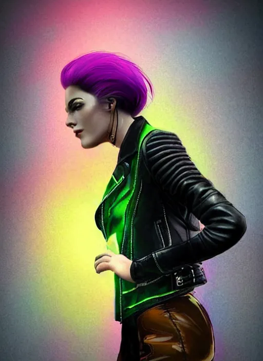 Image similar to a photo of 8 k ultra realistic a black haired female in high heels and a black leather jacket, pink, purple, green, yelow, red, blue, white neon, art by lise deharme