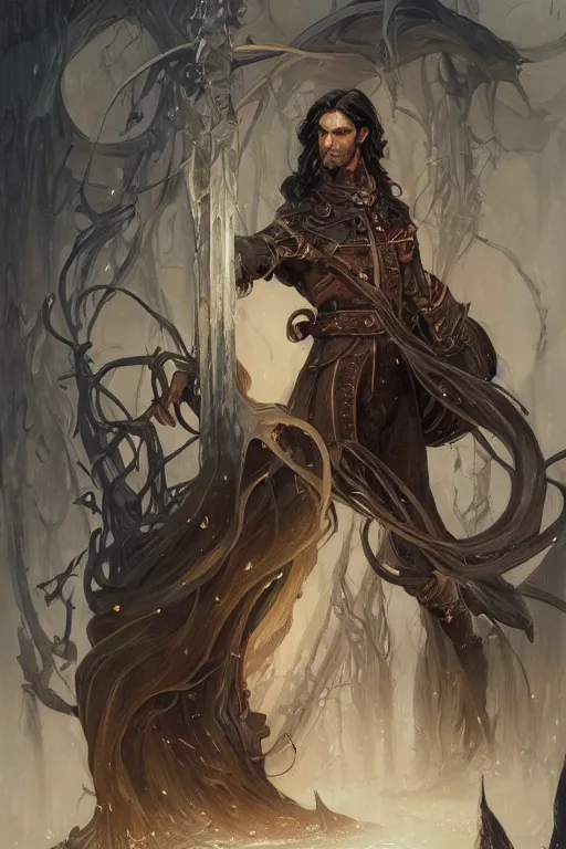 Image similar to skinny male fantasy alchemist, long dark hair, 1 9 th century fantasy, elegant, highly detailed, intricate, smooth, sharp focus, artstation, digital paining, concept art, art by donato giancola, greg rutkowski, artgerm, cedric peyravernay, valentina remenar, craig mullins