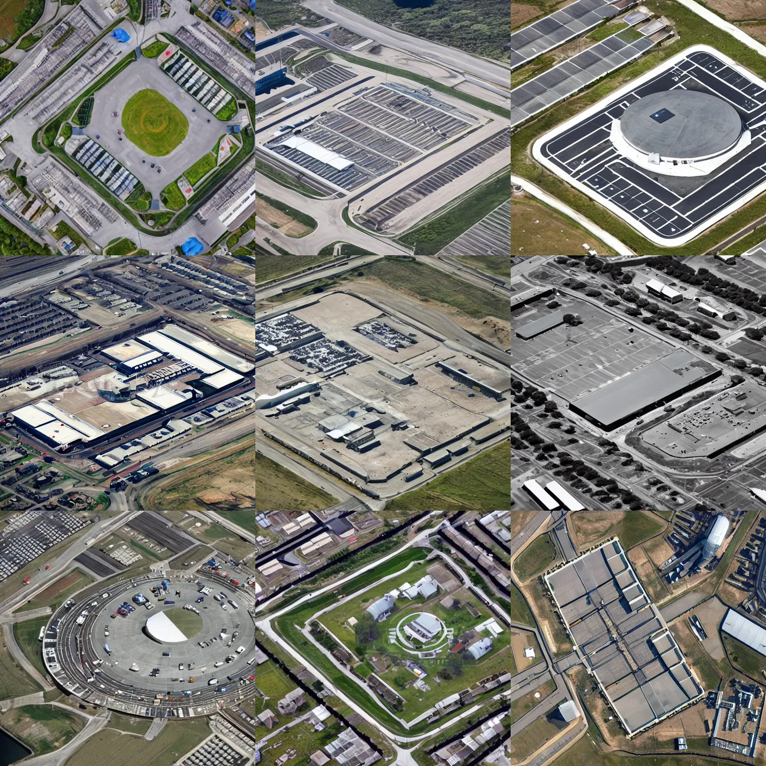 Prompt: top down view of a military base with square and circular structures