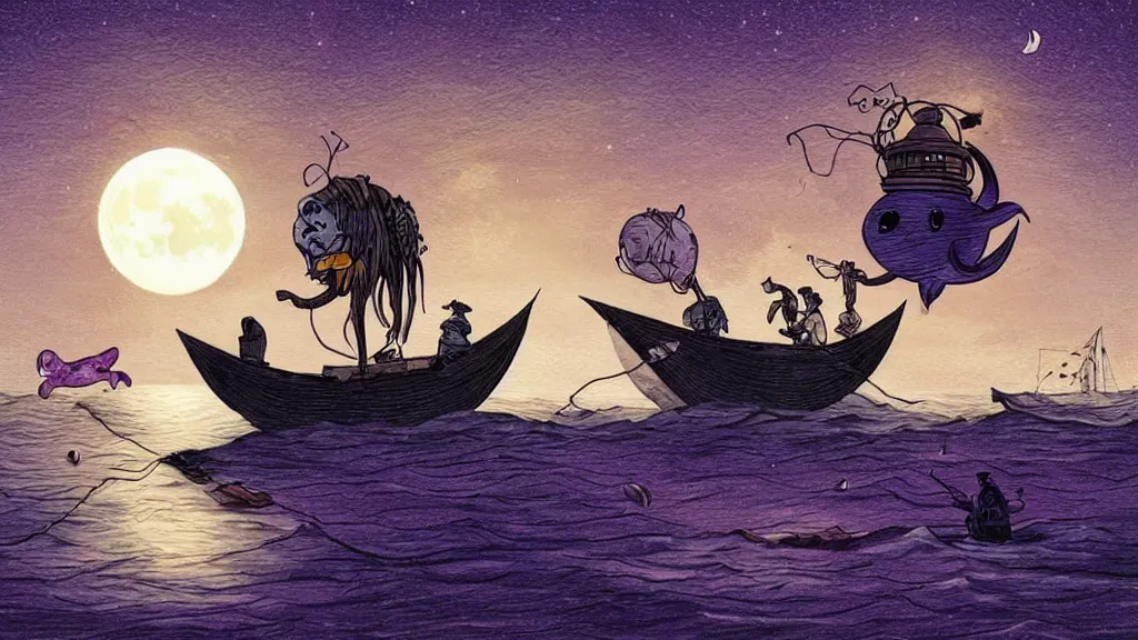 Image similar to a giant!!!!! anglerfish!!!!! at the surface of the water meets a sailor with a lantern!!!! on a sloop, background with large full moon and purple sky, in the styles of tom coletti, jorge jacinto, and thomas veyrat intricate, accurate details