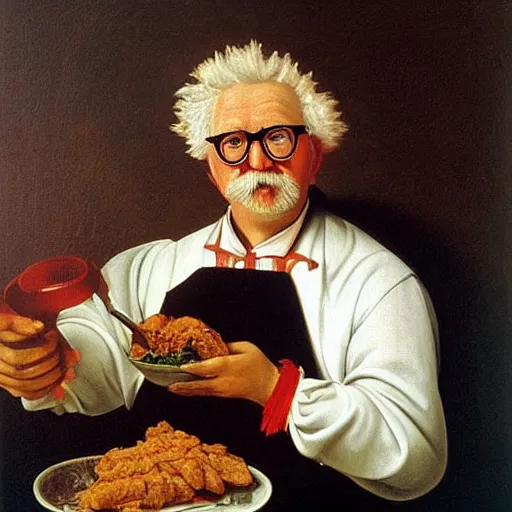 Prompt: Colonel Sanders eating fried chicken out of a red bucket. Painted by Caravaggio, high detail