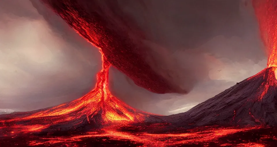 Image similar to a volcano made of ivory vines and crimson rocks enters in eruption, it spits a smoke in the shape of demonic eye, by Marc Simonetti