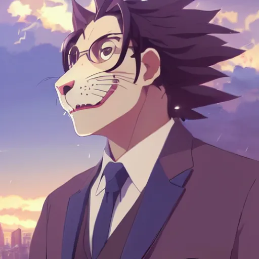 Image similar to a lion wearing a business suit, illustration concept art anime key visual trending pixiv fanbox by wlop and greg rutkowski and makoto shinkai and studio ghibli and kyoto animation symmetrical facial features
