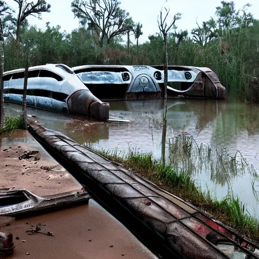 Image similar to post - apocalyptic magic kingdom, wasteland, submerged, monorail, abandoned, wet, swamp, walt disney world, highly detailed, intricate, 8 k