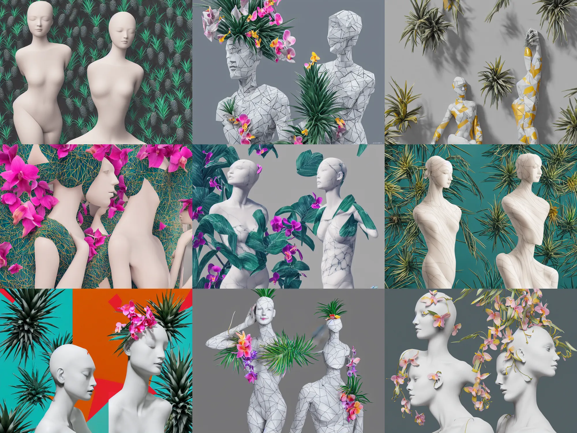 Prompt: “ a beautiful mannequin made of marble printed in 3 d geometric neon, kintsugi, flowering pineapples + orchids, transcendent, vibrant color, clean linework, finely detailed, 4 k, trending on artstation, photorealistic, volumetric lighting, octane render ”