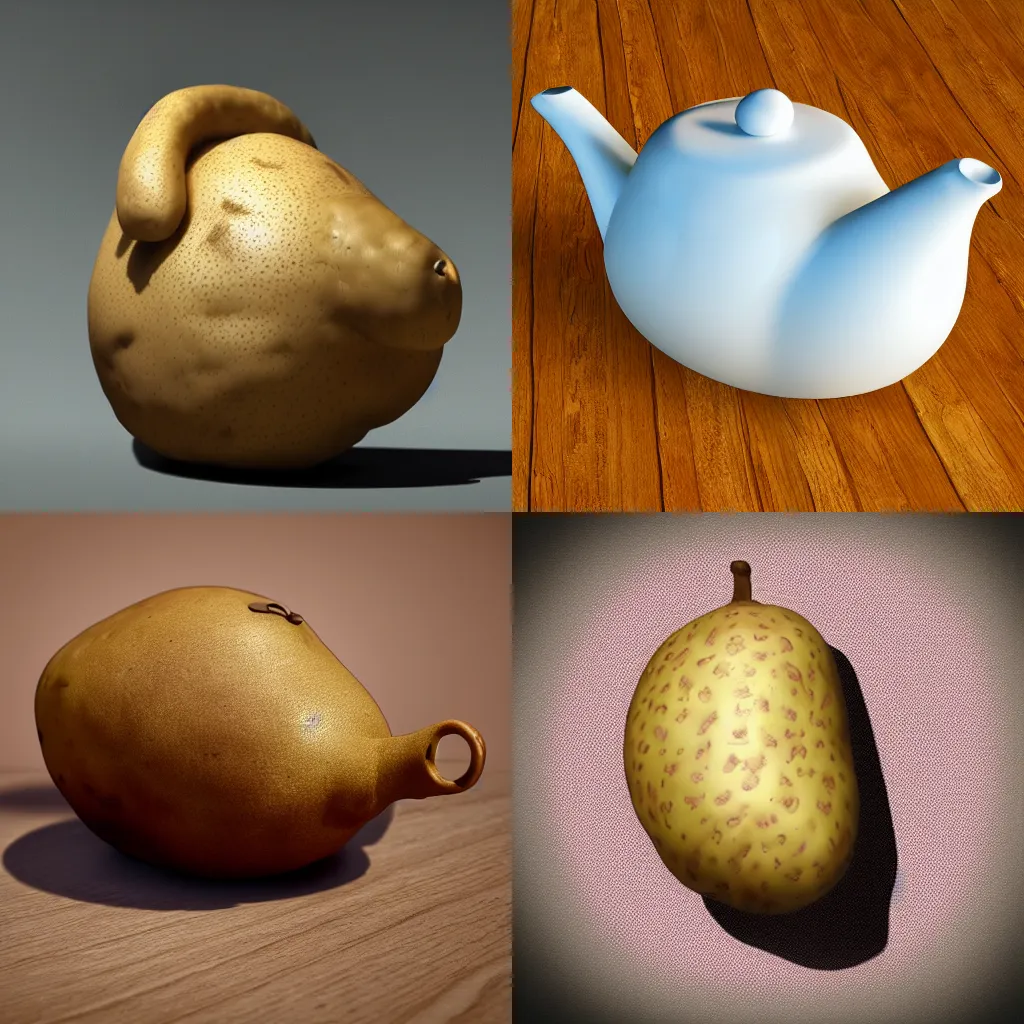 Prompt: photorealistic potato shaped like a teapot