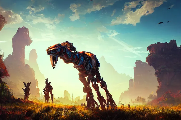 Image similar to tallneck machine mecanical creature robot of horizon forbidden west horizon zero dawn radiating a glowing aura global illumination ray tracing hdr fanart arstation by ian pesty and alena aenami artworks in 4 k