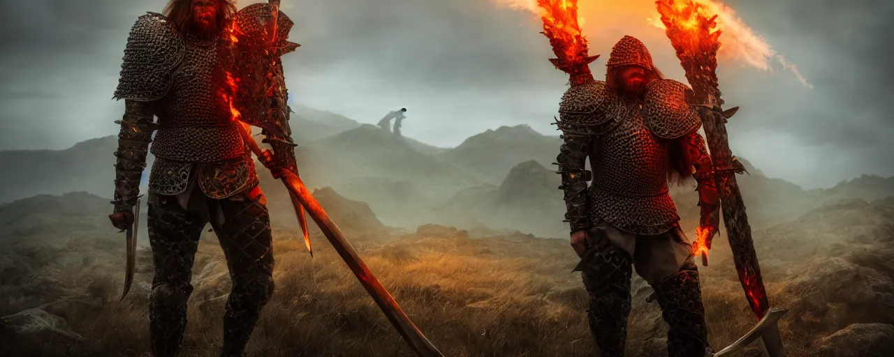 Image similar to portrait photo of a brutal nordic Warrior, wearing intricate steel armor, holding magical fiery battle-axe, sharp focus, highland landscape with few trees background, magical aura, heroic pose, fantasy style, octane render, volumetric lighting, 8k high definition, highly detailed, trending on ArtStation, centered