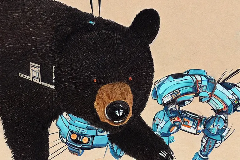 Image similar to Butouha painting of a robotic asian black bear, half robot half bear, mecha bear, biconical bear, super detailed, in the style of Tenmyouya Hisashi Japanese Spirit No.14