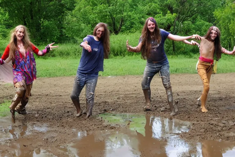 Prompt: hippies playing in a mud puddle