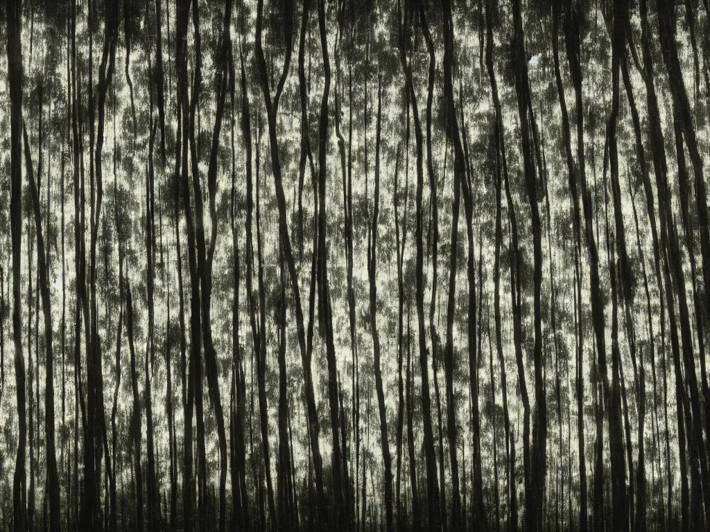 Image similar to double exposure photograph of tens of eucalyptus trees, strong back light, digital glitches, in the style of edward steichen and klee,