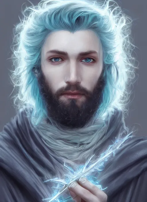 Prompt: Portrait of hexblade warlock aasimar, teal magic electricity, male, silver shaggy hair, short scruffy beard, cloak, white eyes, fantasy, extremely detailed, digital painting, artstation, concept art, smooth, sharp focus, illustration, stunning lighting, art by artgerm and greg rutkowski and alphonse mucha and simon stalenhag, realistic character concept, high fantasy, light atmosphere, golden ratio, cinematic lighting, hyperdetailed, high resolution, insanely detailed and intricate, artstation, Marc Simonetti, Greg Rutkowski