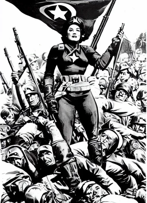 Image similar to beautiful south american female captain america standing on a pile of defeated, beaten and broken german soldiers. feminist captain america wins wwii. american wwii propaganda poster by james gurney. gorgeous face. overwatch