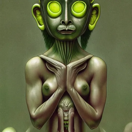 Image similar to naraka buddhist demon korean female, happy female alien, lush green jungle, tubular creature, blood vessels, no face, dystopian surrealism, alex ries zdzisław beksinski, symmetrical long head, smooth marble surfaces, smooth marble surfaces, detailed ink illustration, detailed ink illustration, raiden metal gear, cinematic smooth stone, deep aesthetic