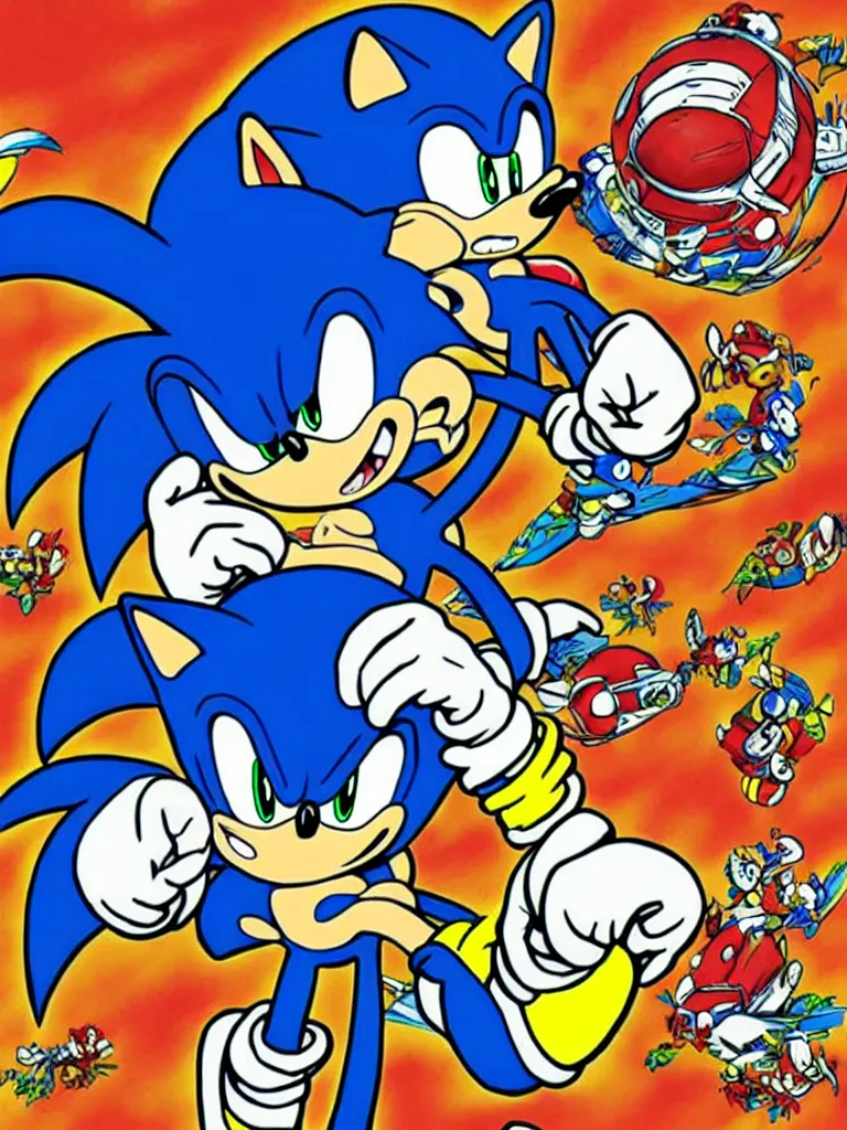 Image similar to Sonic the Hedgehog, full-color, full figure, action pose, drawn in the style of Robert Crumb