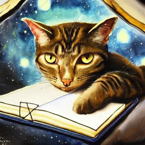 Prompt: cat doing mathematics in space. cat doing mathematics in space. watercolor. amazing painting. high resolution. highly realistic. cool tones. close - up. 8 k. trending on artstation.