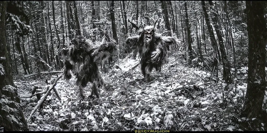 Image similar to trailcam footage of krampus in an alpine forest