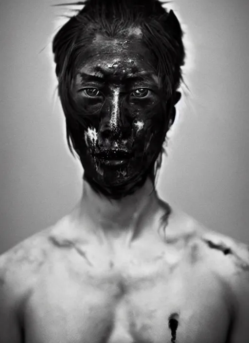 Image similar to samurai portrait photo, wearing all black mempo mask, after a battle, war scene, dirt and unclean, extreme detail, cinematic, dramatic lighting render, extreme photorealism photo by national geographic, paolo roversi, masterpiece