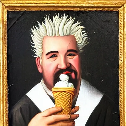 Image similar to a 1 6 0 0 s portrait painting of guy fieri holding an ice cream cone, intricate, elegant, highly detailed