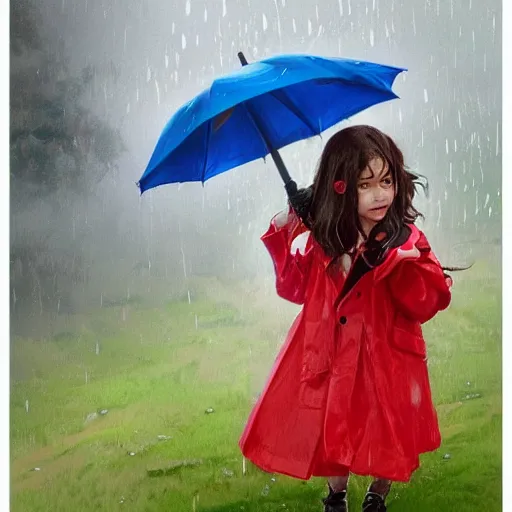 Prompt: a little girl with short wavy curly light brown hair and blue eyes wearing a colorful raincoat and holding an umbrella in the rain. by artgerm and greg rutkowski and ilya kuvshinov