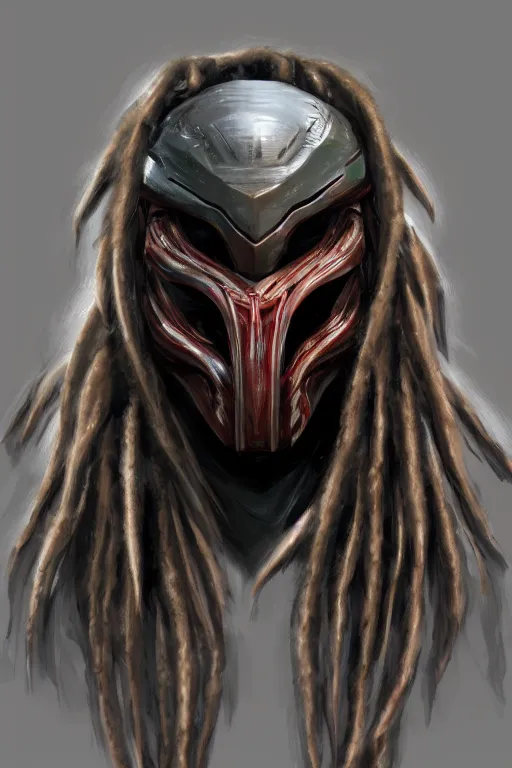 Image similar to predator 1 9 8 7 face redesign, portrait, highly detailed, dreadlocks, mandables, digital painting, trending on artstation, concept art, illustration