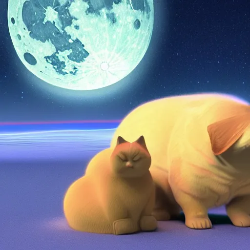 Image similar to a big fat cat guards a big fat dog on the moon, 3 d render, cosmic vibes