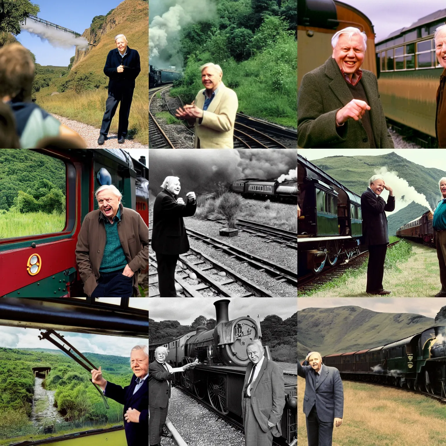 Prompt: David Attenborough pointing excitedly at a steam train passing by, tv still from a BBC nature documentary