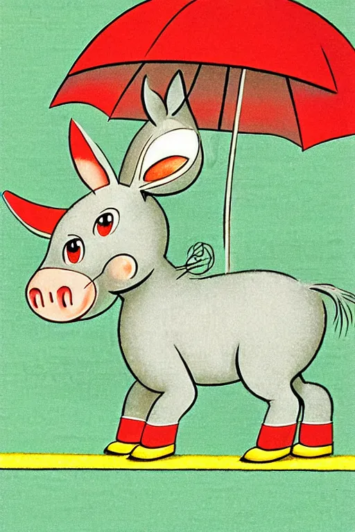 Image similar to by richard scarry. happy donkey a 1 9 5 0 s retro illustration. studio ghibli. muted colors, detailed