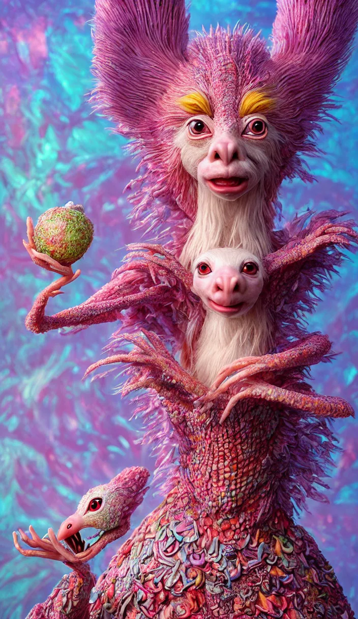 Image similar to hyper detailed 3d render like a Oil painting - kawaii portrait Aurora (a beautiful skeksis white muppet ferret queen from dark crystal that looks like Anya Taylor-Joy) seen red carpet photoshoot in UVIVF posing in scaly dress to Eat of the Strangling network of yellowcake aerochrome and milky Fruit and His delicate Hands hold of gossamer polyp blossoms bring iridescent fungal flowers whose spores black the foolish stars by Jacek Yerka, Ilya Kuvshinov, Mariusz Lewandowski, Houdini algorithmic generative render, Abstract brush strokes, Masterpiece, Edward Hopper and James Gilleard, Zdzislaw Beksinski, Mark Ryden, Wolfgang Lettl, hints of Yayoi Kasuma, octane render, 8k