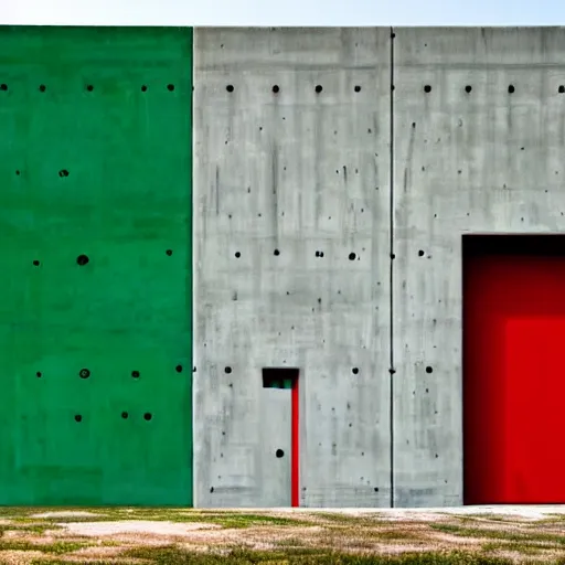 Image similar to a real concrete building with anthropomorphic qualities. a painting of sceptile by ricardo bofill. one building that reminds me of a green lizart with a red mouth. clearly a building. realistic, photograph, award winning, high wuality, high definition, contest winner, gorgeous.