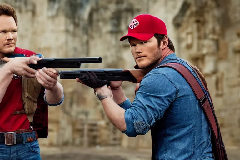 Image similar to a photo of chris pratt wearing a red cap and blue overalls carrying a shotgun, photorealistic, 8 k, castle background