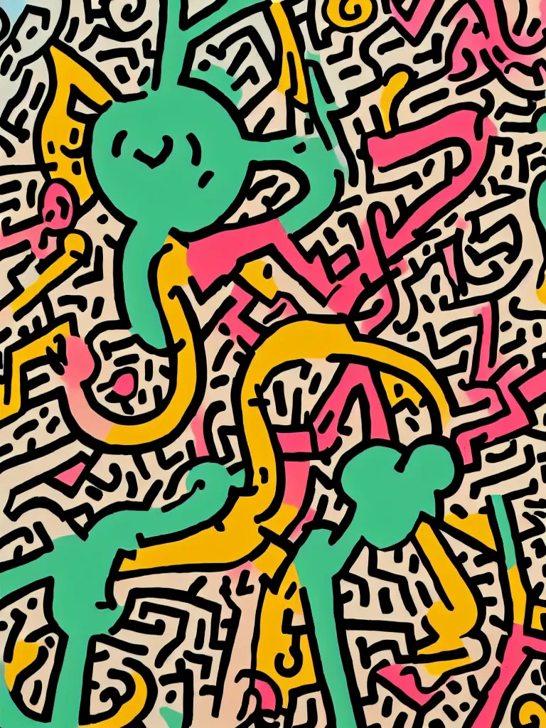 Prompt: minimal!!!!!!! acorn that turns into a tree in the shape of a treble clef, a big rip down the middle, splashes of color, inspirational and powerful, clear high resolution acorn and tree, keith haring