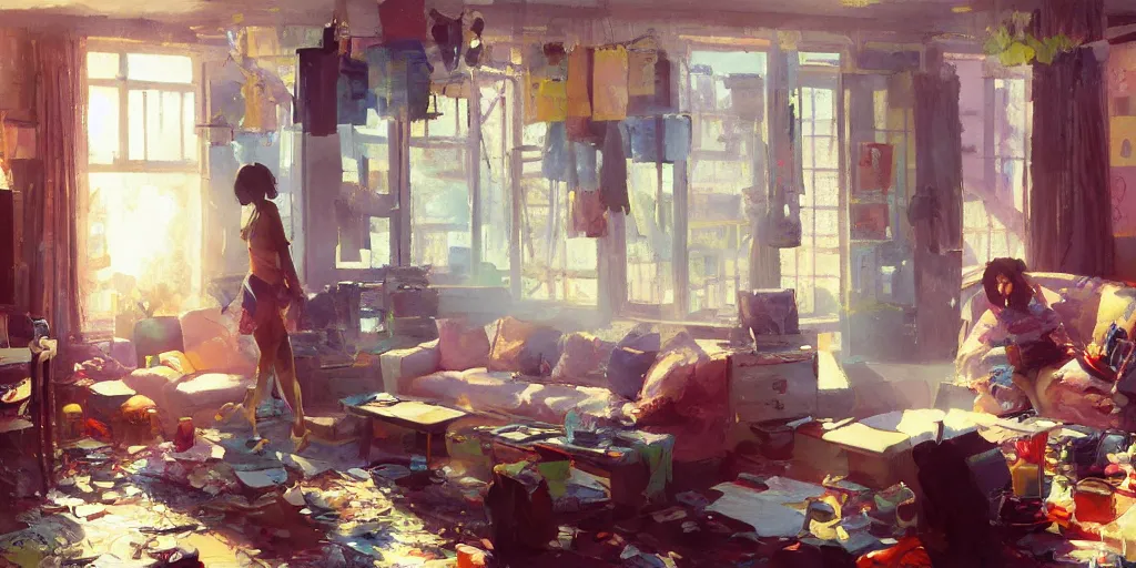 Prompt: A ultradetailed beautiful panting of a messy moders apartment, bright sunny day, Oil painting, by Ilya Kuvshinov, Greg Rutkowski and Makoto Shinkai